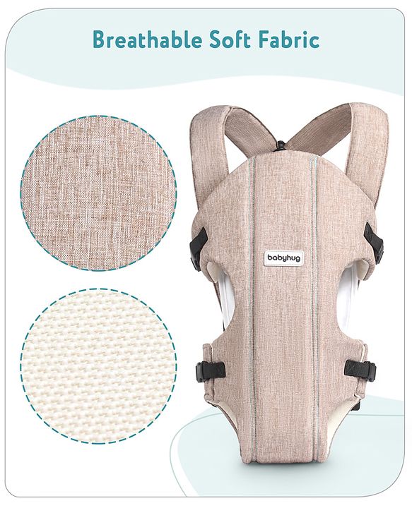 Babyhug Travel Nest Baby Carrier - 100% Polyester, 3 Carrying Positions (Inward Facing, Outward Facing, Back Carrying), Adjustable Straps, Lightweight Free Size (3.5-9kg, 3-12 Months), Hand Washable - Beige