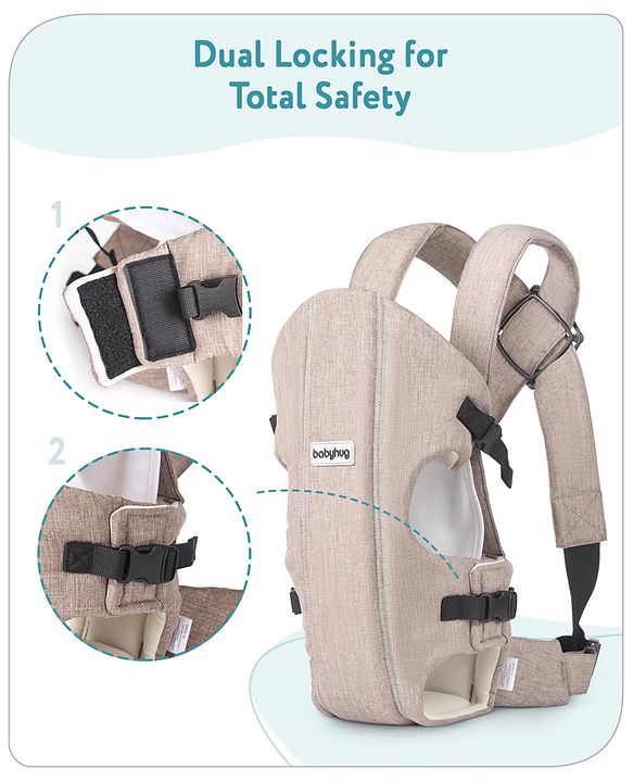 Babyhug Travel Nest Baby Carrier - 100% Polyester, 3 Carrying Positions (Inward Facing, Outward Facing, Back Carrying), Adjustable Straps, Lightweight Free Size (3.5-9kg, 3-12 Months), Hand Washable - Beige