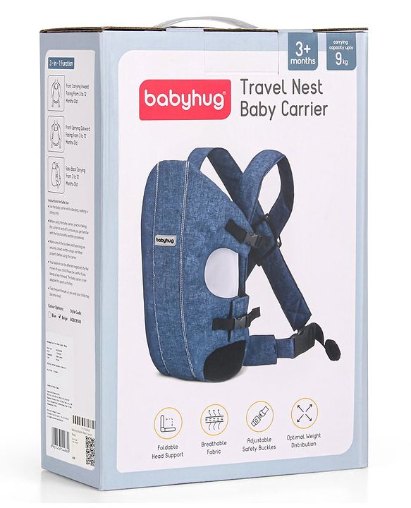 Babyhug Travel Nest Baby Carrier - 100% Polyester, 3 Carrying Positions (Inward Facing, Outward Facing, Back Carrying), Adjustable Straps, Lightweight Free Size (3.5-9kg, 3-12 Months), Hand Washable - Beige