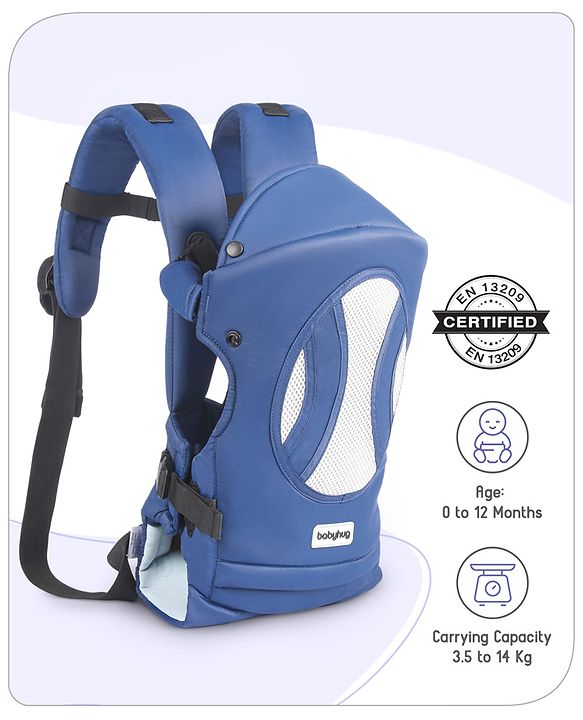 Babyhug Fortune Baby Carrier - 100% Polyester, 4 Positions (Horizontal, Inward, Outward, Back), Ergonomic for 0-12 Months (3.5-14 kg), Adjustable Waistband, Lightweight, Free Size, Hand Washable - Blue