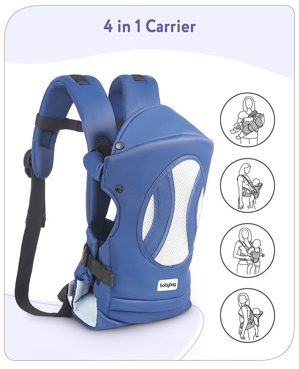 Babyhug Fortune Baby Carrier - 100% Polyester, 4 Positions (Horizontal, Inward, Outward, Back), Ergonomic for 0-12 Months (3.5-14 kg), Adjustable Waistband, Lightweight, Free Size, Hand Washable - Blue