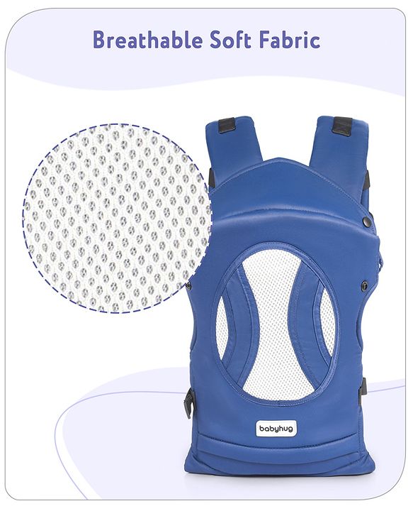 Babyhug Fortune Baby Carrier - 100% Polyester, 4 Positions (Horizontal, Inward, Outward, Back), Ergonomic for 0-12 Months (3.5-14 kg), Adjustable Waistband, Lightweight, Free Size, Hand Washable - Blue