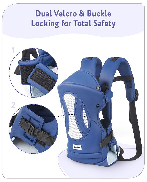 Babyhug Fortune Baby Carrier - 100% Polyester, 4 Positions (Horizontal, Inward, Outward, Back), Ergonomic for 0-12 Months (3.5-14 kg), Adjustable Waistband, Lightweight, Free Size, Hand Washable - Blue