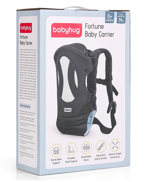 Babyhug Fortune Baby Carrier - 100% Polyester, 4 Positions (Horizontal, Inward, Outward, Back), Ergonomic for 0-12 Months (3.5-14 kg), Adjustable Waistband, Lightweight, Free Size, Hand Washable - Blue