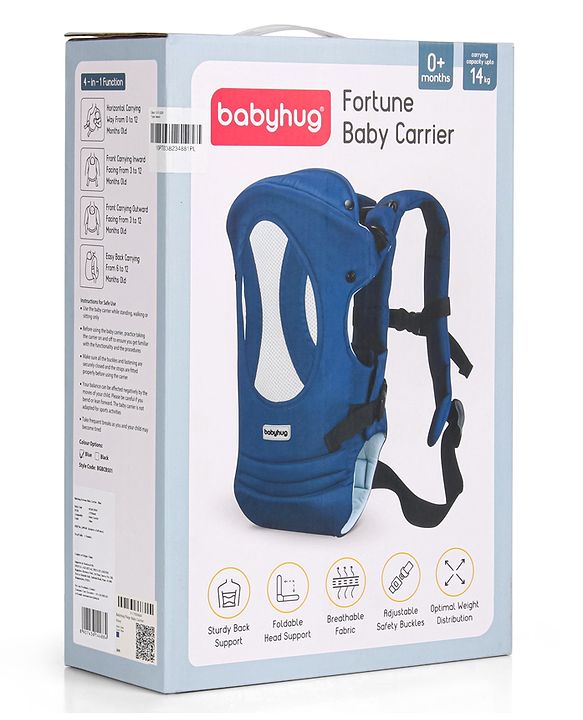 Babyhug Fortune Baby Carrier - 100% Polyester, 4 Positions (Horizontal, Inward, Outward, Back), Ergonomic for 0-12 Months (3.5-14 kg), Adjustable Waistband, Lightweight, Free Size, Hand Washable - Blue