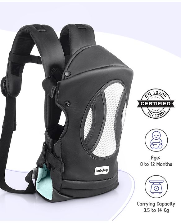 Babyhug Fortune Baby Carrier - 100% Polyester, 4 Positions (Horizontal, Inward, Outward, Back), Ergonomic for 0-12 Months (3.5-14 kg), Adjustable Waistband, Lightweight, Free Size, Hand Washable - Blue