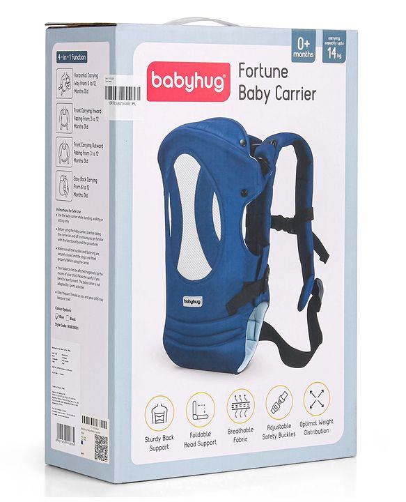 Babyhug Fortune Baby Carrier - 100% Polyester, 4 Positions (Horizontal, Inward, Outward, Back), Ergonomic for 0-12 Months (3.5-14 kg), Adjustable Waistband, Lightweight, Free Size, Hand Washable - Blue