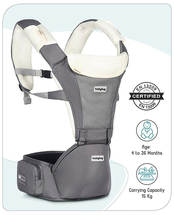 Babyhug Little Voyager Hip Seat Baby Carrier - 100% Polyester, 3 Positions (Inward, Outward, Back Carrying), Ergonomic Design for 4-36 Months (3.5-14.9kg), Adjustable Lumbar Belt, Lightweight, Free Size, Hand Washable - Grey