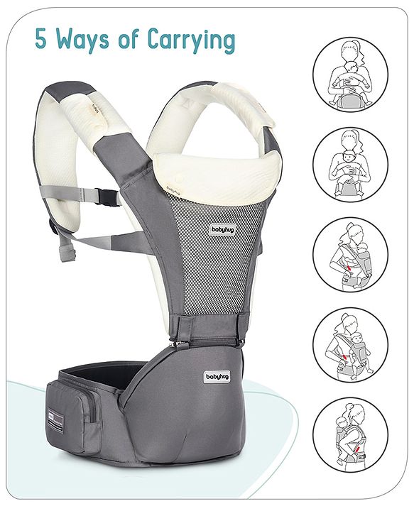 Babyhug Little Voyager Hip Seat Baby Carrier - 100% Polyester, 3 Positions (Inward, Outward, Back Carrying), Ergonomic Design for 4-36 Months (3.5-14.9kg), Adjustable Lumbar Belt, Lightweight, Free Size, Hand Washable - Grey