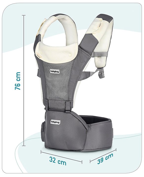 Babyhug Little Voyager Hip Seat Baby Carrier - 100% Polyester, 3 Positions (Inward, Outward, Back Carrying), Ergonomic Design for 4-36 Months (3.5-14.9kg), Adjustable Lumbar Belt, Lightweight, Free Size, Hand Washable - Grey