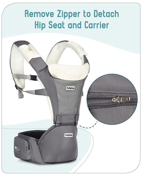 Babyhug Little Voyager Hip Seat Baby Carrier - 100% Polyester, 3 Positions (Inward, Outward, Back Carrying), Ergonomic Design for 4-36 Months (3.5-14.9kg), Adjustable Lumbar Belt, Lightweight, Free Size, Hand Washable - Grey