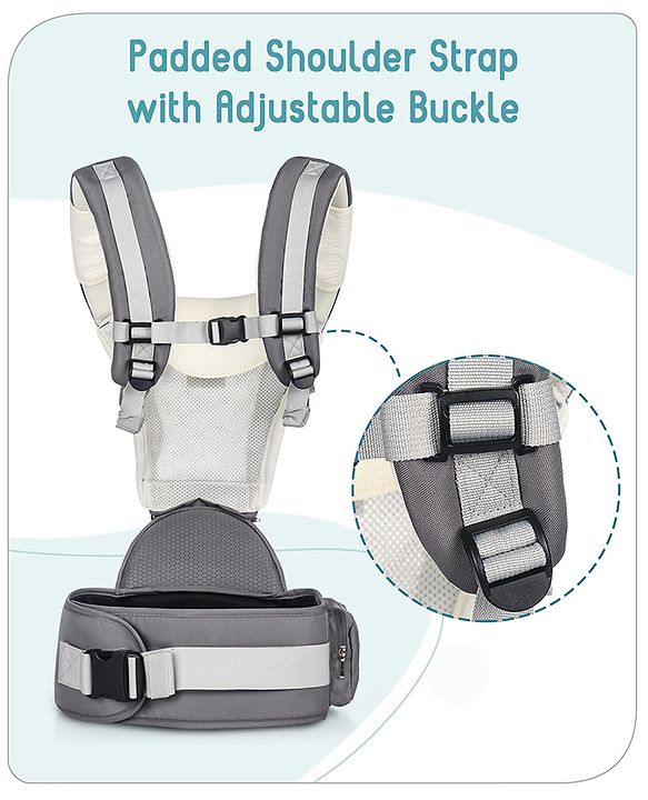Babyhug Little Voyager Hip Seat Baby Carrier - 100% Polyester, 3 Positions (Inward, Outward, Back Carrying), Ergonomic Design for 4-36 Months (3.5-14.9kg), Adjustable Lumbar Belt, Lightweight, Free Size, Hand Washable - Grey