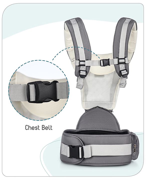 Babyhug Little Voyager Hip Seat Baby Carrier - 100% Polyester, 3 Positions (Inward, Outward, Back Carrying), Ergonomic Design for 4-36 Months (3.5-14.9kg), Adjustable Lumbar Belt, Lightweight, Free Size, Hand Washable - Grey
