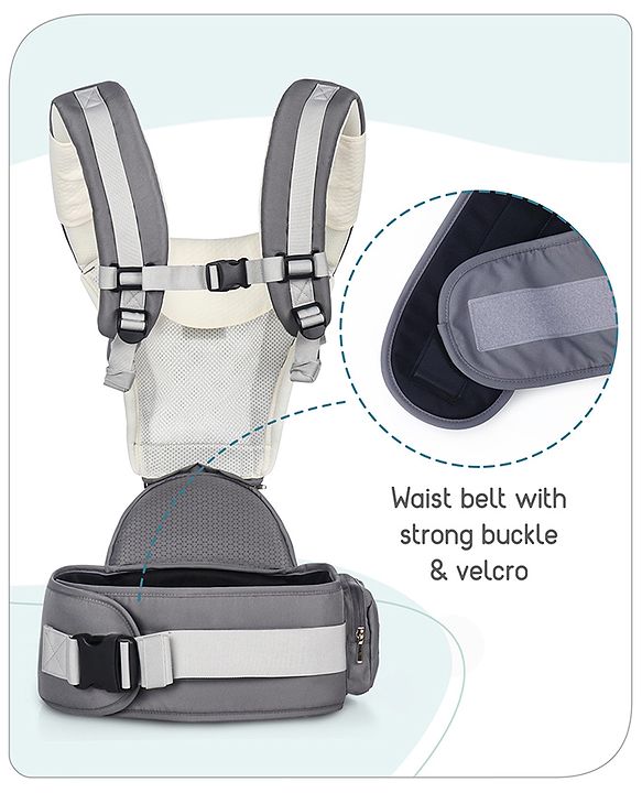 Babyhug Little Voyager Hip Seat Baby Carrier - 100% Polyester, 3 Positions (Inward, Outward, Back Carrying), Ergonomic Design for 4-36 Months (3.5-14.9kg), Adjustable Lumbar Belt, Lightweight, Free Size, Hand Washable - Grey