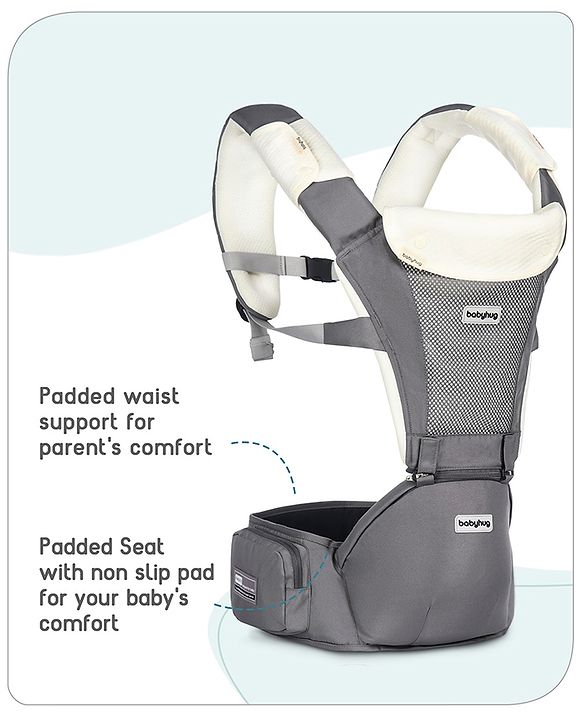 Babyhug Little Voyager Hip Seat Baby Carrier - 100% Polyester, 3 Positions (Inward, Outward, Back Carrying), Ergonomic Design for 4-36 Months (3.5-14.9kg), Adjustable Lumbar Belt, Lightweight, Free Size, Hand Washable - Grey