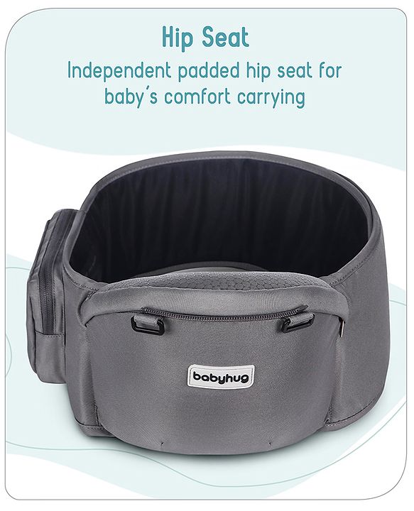 Babyhug Little Voyager Hip Seat Baby Carrier - 100% Polyester, 3 Positions (Inward, Outward, Back Carrying), Ergonomic Design for 4-36 Months (3.5-14.9kg), Adjustable Lumbar Belt, Lightweight, Free Size, Hand Washable - Grey
