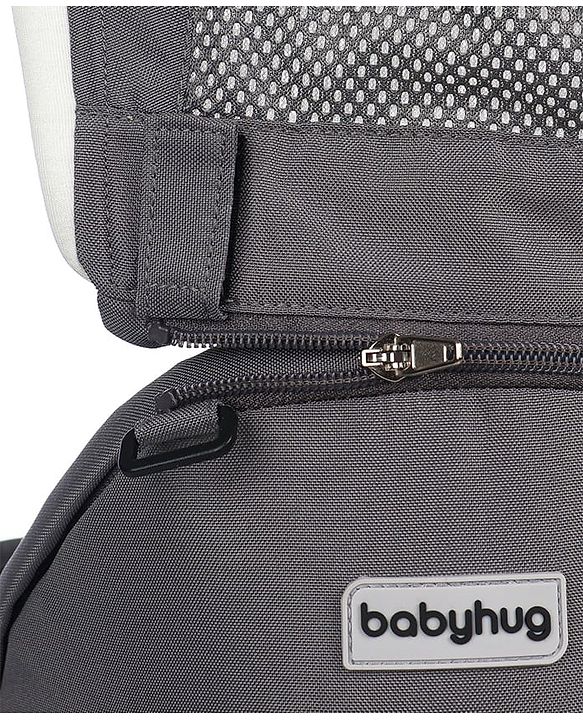 Babyhug Little Voyager Hip Seat Baby Carrier - 100% Polyester, 3 Positions (Inward, Outward, Back Carrying), Ergonomic Design for 4-36 Months (3.5-14.9kg), Adjustable Lumbar Belt, Lightweight, Free Size, Hand Washable - Grey