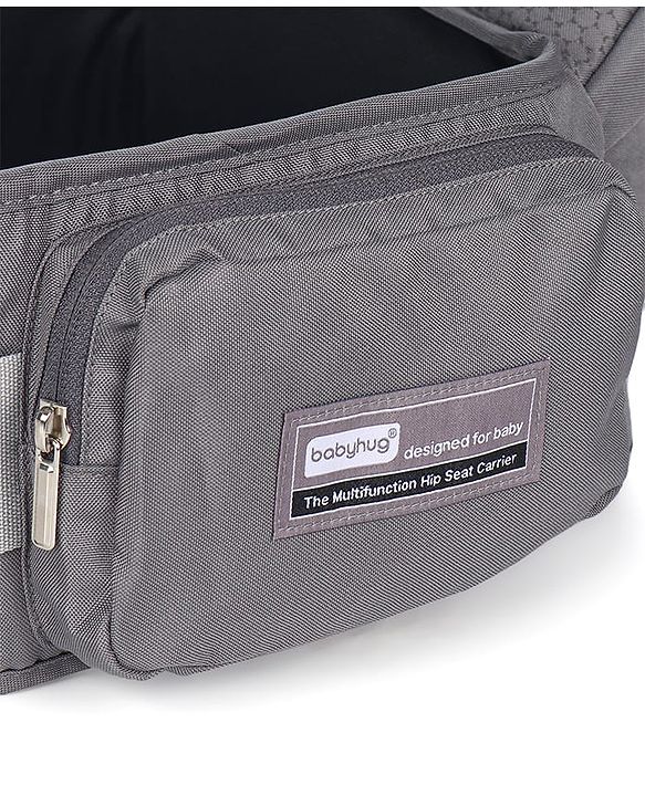 Babyhug Little Voyager Hip Seat Baby Carrier - 100% Polyester, 3 Positions (Inward, Outward, Back Carrying), Ergonomic Design for 4-36 Months (3.5-14.9kg), Adjustable Lumbar Belt, Lightweight, Free Size, Hand Washable - Grey