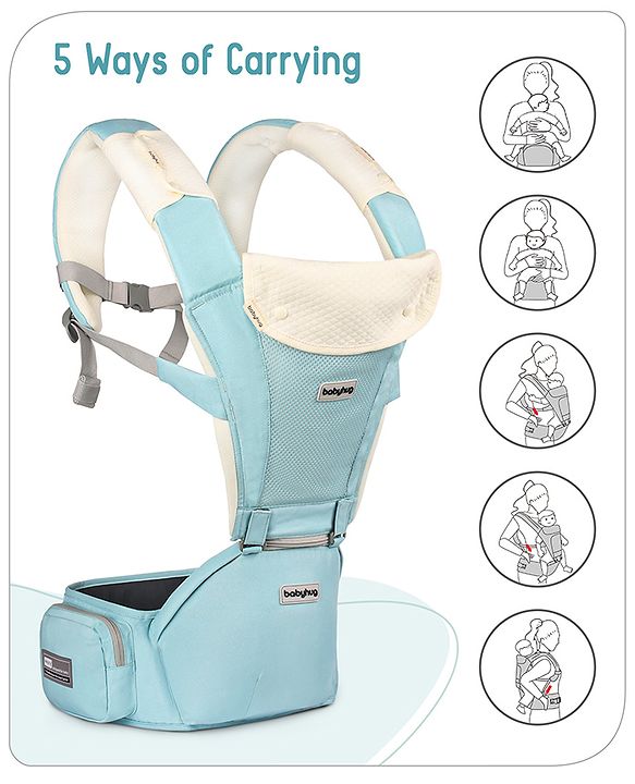 Babyhug Little Voyager Hip Seat Baby Carrier - 100% Polyester, 3 Positions (Inward, Outward, Back Carrying), Ergonomic Design for 4-36 Months (3.5-14.9kg), Adjustable Lumbar Belt, Lightweight, Free Size, Hand Washable - Grey