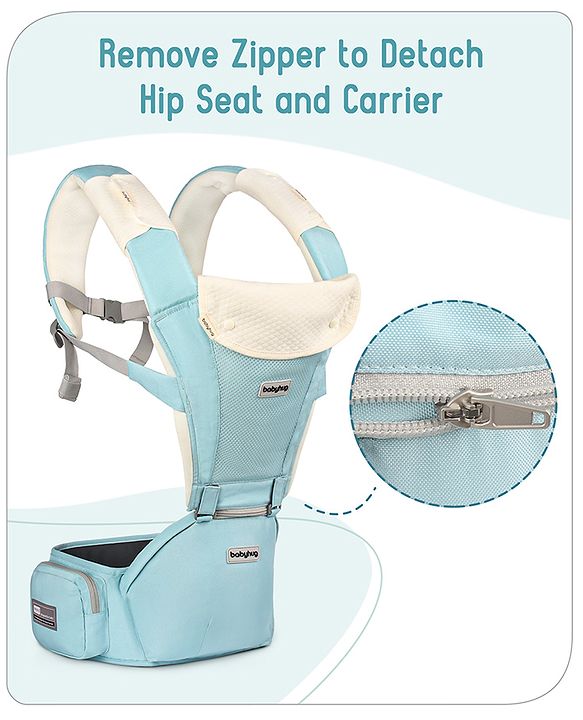 Babyhug Little Voyager Hip Seat Baby Carrier - 100% Polyester, 3 Positions (Inward, Outward, Back Carrying), Ergonomic Design for 4-36 Months (3.5-14.9kg), Adjustable Lumbar Belt, Lightweight, Free Size, Hand Washable - Grey