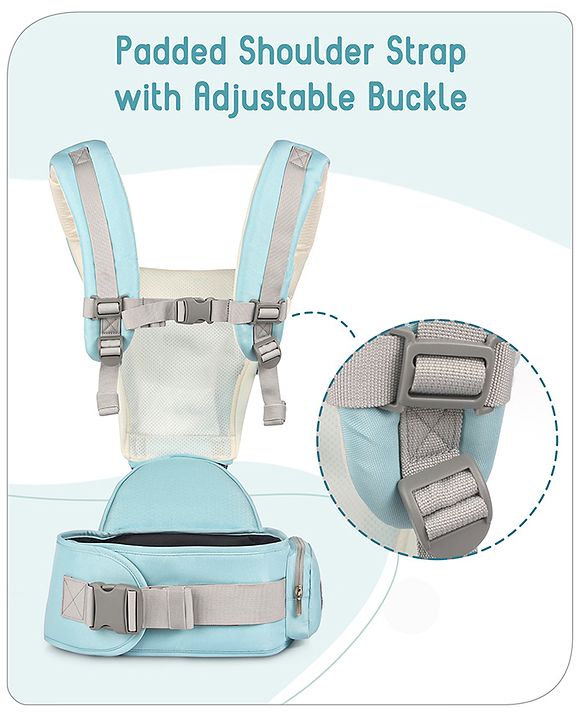 Babyhug Little Voyager Hip Seat Baby Carrier - 100% Polyester, 3 Positions (Inward, Outward, Back Carrying), Ergonomic Design for 4-36 Months (3.5-14.9kg), Adjustable Lumbar Belt, Lightweight, Free Size, Hand Washable - Grey