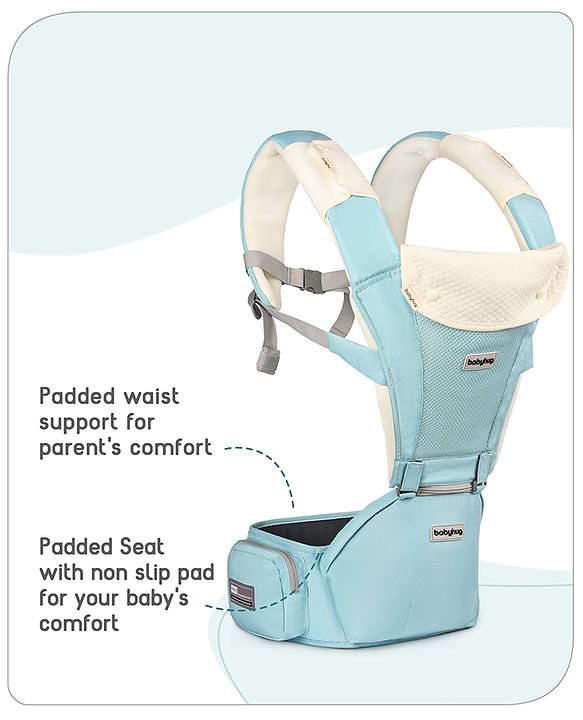 Babyhug Little Voyager Hip Seat Baby Carrier - 100% Polyester, 3 Positions (Inward, Outward, Back Carrying), Ergonomic Design for 4-36 Months (3.5-14.9kg), Adjustable Lumbar Belt, Lightweight, Free Size, Hand Washable - Grey