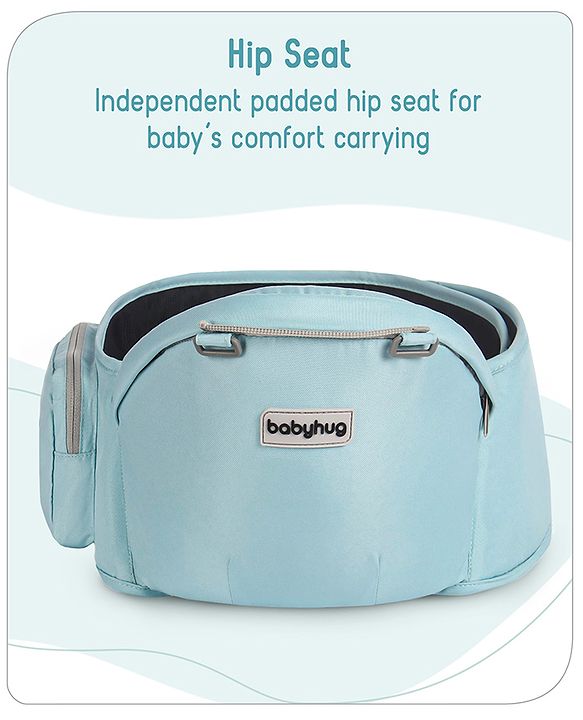 Babyhug Little Voyager Hip Seat Baby Carrier - 100% Polyester, 3 Positions (Inward, Outward, Back Carrying), Ergonomic Design for 4-36 Months (3.5-14.9kg), Adjustable Lumbar Belt, Lightweight, Free Size, Hand Washable - Grey