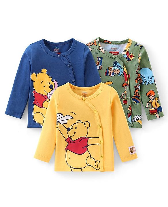 Babyhug Disney Interlock Cotton Knit Full Sleeves Jhablas With Winnie The Pooh Graphics with Badge Detailing Pack of 3- Yellow Green & Blue