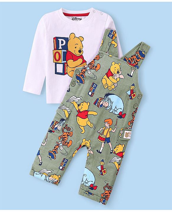 Babyhug Disney Single Jersey Knit Dungaree with Full Sleeve T-Shirt Winnie The Pooh Print - Olive Green & White