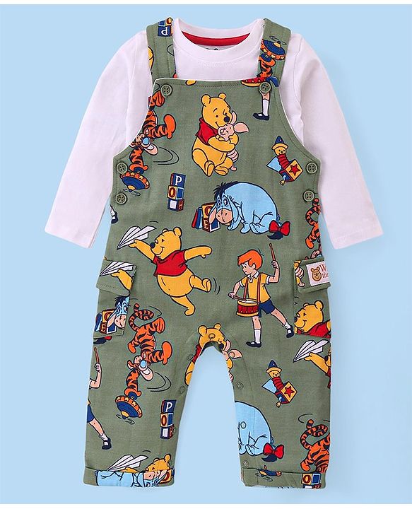 Babyhug Disney Single Jersey Knit Dungaree with Full Sleeve T-Shirt Winnie The Pooh Print - Olive Green & White