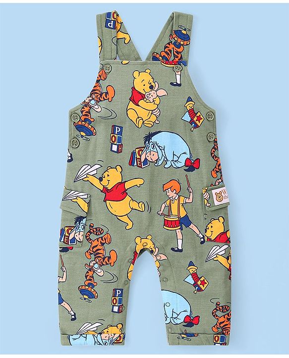 Babyhug Disney Single Jersey Knit Dungaree with Full Sleeve T-Shirt Winnie The Pooh Print - Olive Green & White
