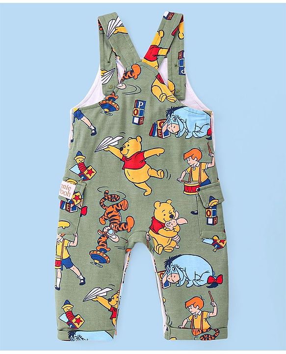 Babyhug Disney Single Jersey Knit Dungaree with Full Sleeve T-Shirt Winnie The Pooh Print - Olive Green & White
