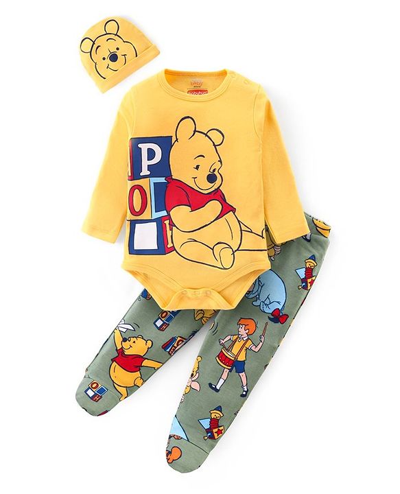 Babyhug Disney Interlock Knit Full Sleeves Onesie with Leggings and Cap Winnie The Pooh Graphic -Yellow & Light Green