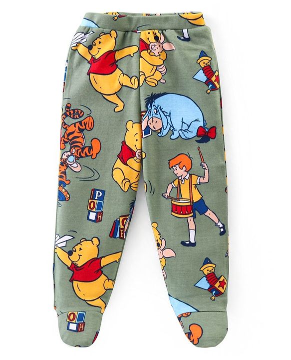 Babyhug Disney Interlock Knit Full Sleeves Onesie with Leggings and Cap Winnie The Pooh Graphic -Yellow & Light Green
