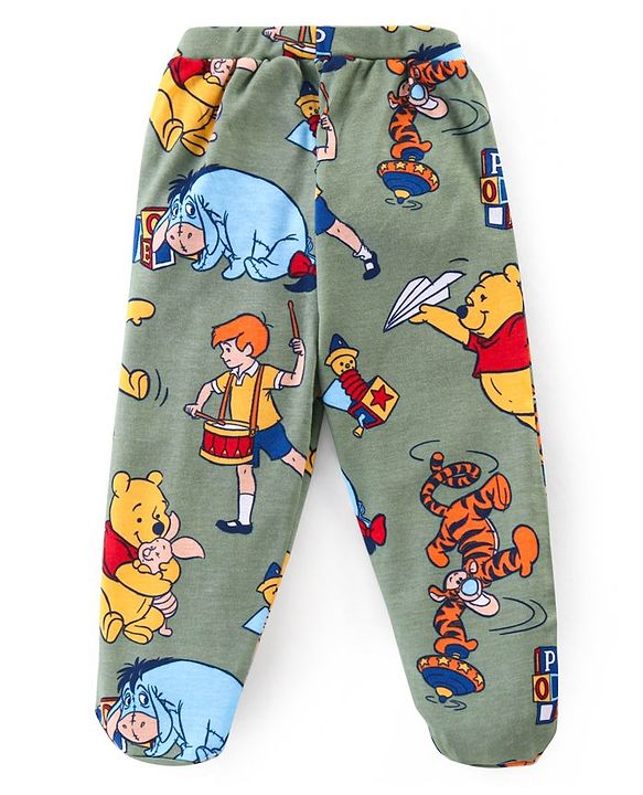 Babyhug Disney Interlock Knit Full Sleeves Onesie with Leggings and Cap Winnie The Pooh Graphic -Yellow & Light Green