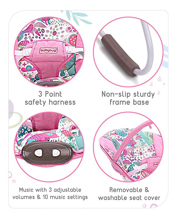 Babyhug Light Weight Comfy Bouncer With Music & Calming Vibrations Jungle Print - Pink (Without Toys)