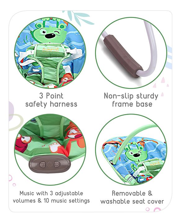 Babyhug Light Weight Comfy Bouncer With Music & Calming Vibrations Animal Print - Blue Green (Without Toys)