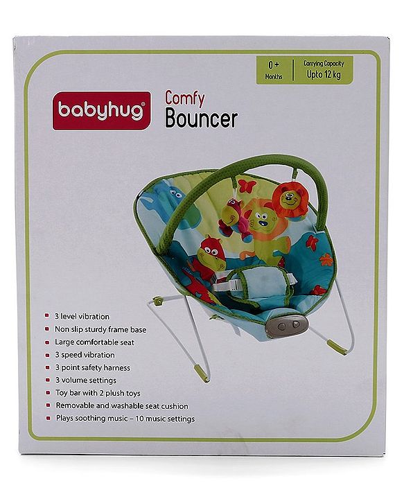 Babyhug Light Weight Comfy Bouncer With Music & Calming Vibrations Animal Print - Blue Green (Without Toys)