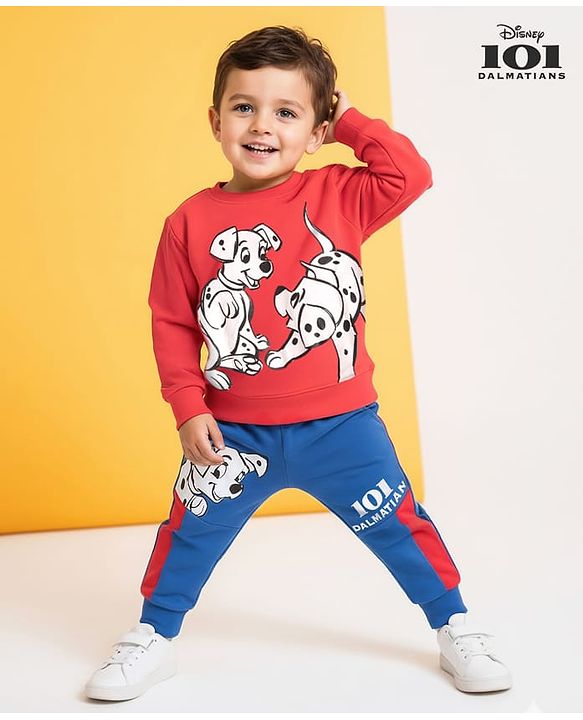 Babyhug Disney Terry Knit Full Sleeves T-Shirt & Jogger Pant Set with 101 Dalmatians Graphic & Quilt Detailing - Red & Blue