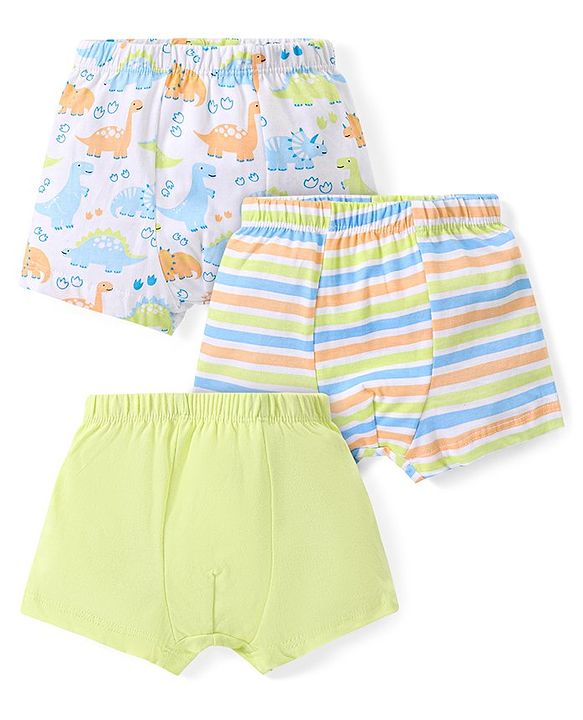 Babyhug 100% Cotton Trunks Solid Striped & Dino Print Pack of 3 - Multicolour
