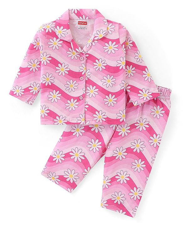 Babyhug Cotton Knit Full Sleeves Night Suit With Floral Print - Pink