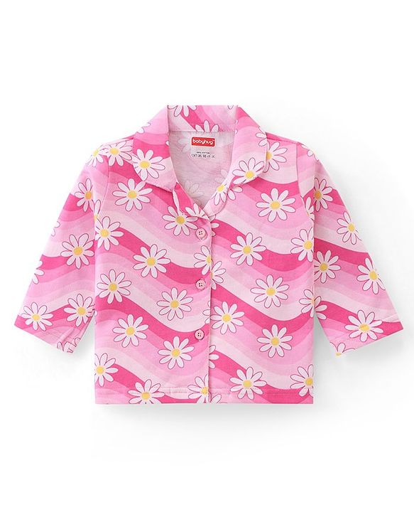 Babyhug Cotton Knit Full Sleeves Night Suit With Floral Print - Pink