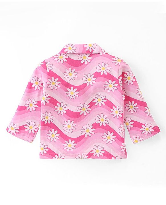 Babyhug Cotton Knit Full Sleeves Night Suit With Floral Print - Pink