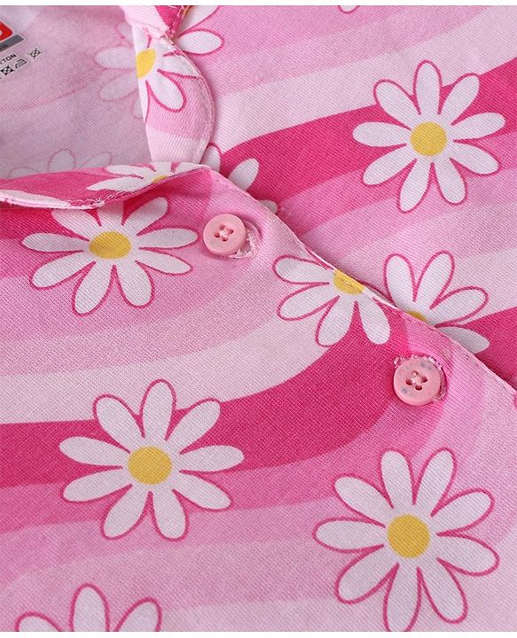 Babyhug Cotton Knit Full Sleeves Night Suit With Floral Print - Pink