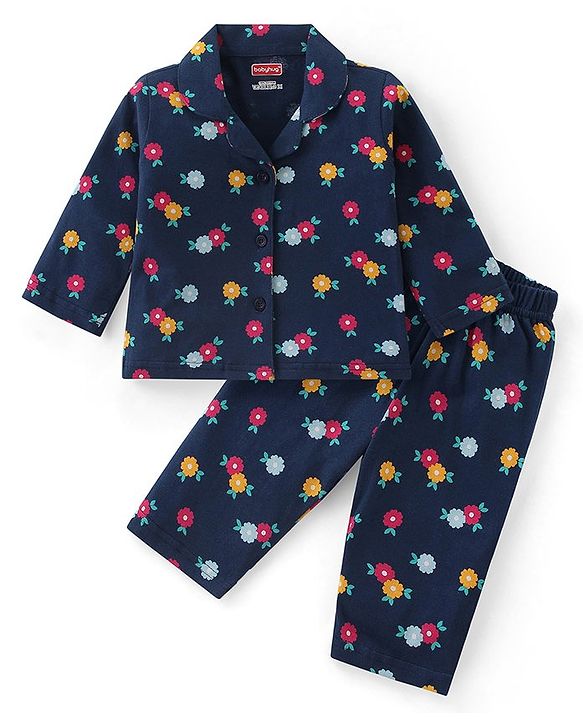Babyhug Cotton Knit Full Sleeves Collar Neck Night Suit with Floral Print - Navy Blue