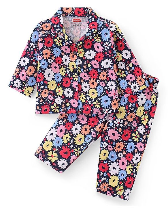 Babyhug Cotton Knit Full Sleeves Night Suit With Floral Print - Navy