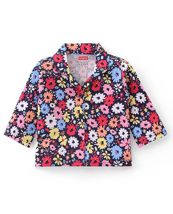 Babyhug Cotton Knit Full Sleeves Night Suit With Floral Print - Navy