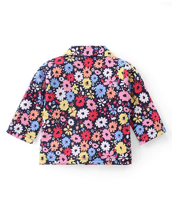 Babyhug Cotton Knit Full Sleeves Night Suit With Floral Print - Navy