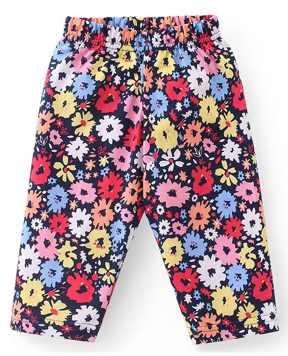 Babyhug Cotton Knit Full Sleeves Night Suit With Floral Print - Navy