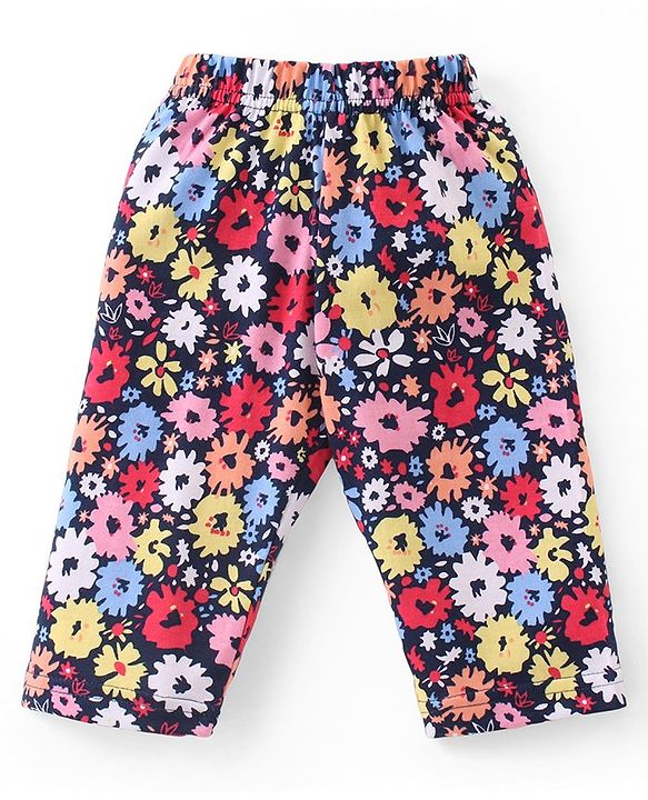 Babyhug Cotton Knit Full Sleeves Night Suit With Floral Print - Navy